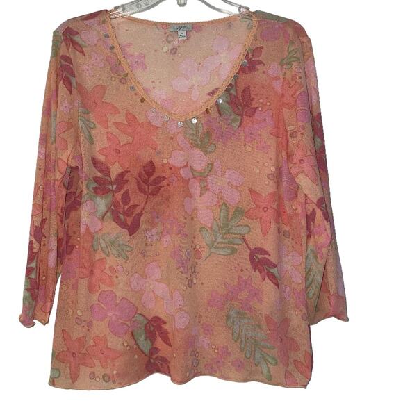 J. Jill Sheer Mesh Top Y2K Floral Top Embellished Peach Size Large - Picture 4 of 6